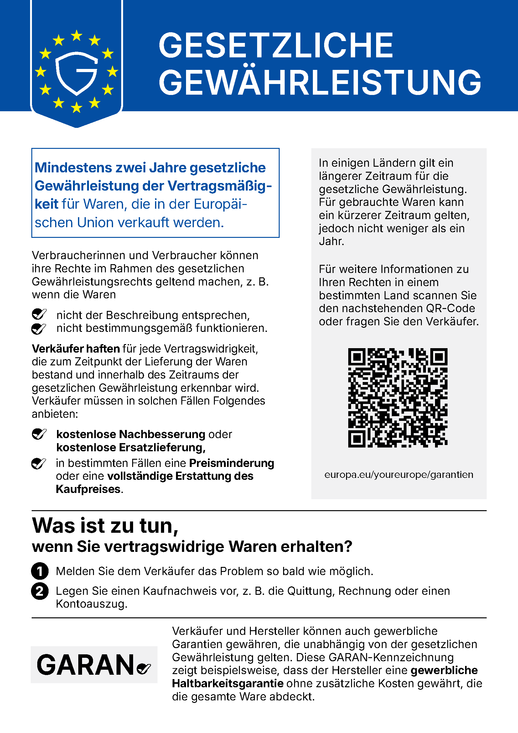 Harmonisierte EU-Mitteilung: Gesetzliche Gewährleistung – mindestens zwei Jahre gesetzliche Gewährleistung der Vertragsmäßigkeit für Waren, die in der Europäischen Union verkauft werden